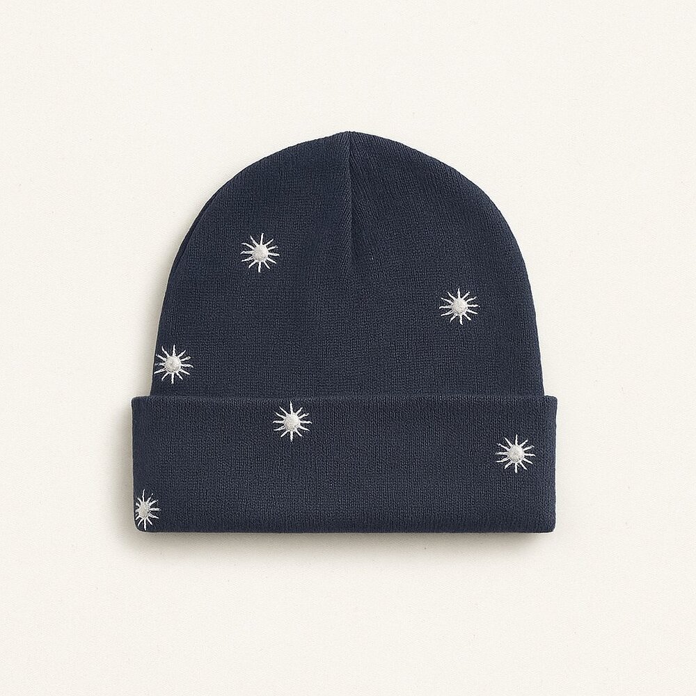 Boho Chic Knit Beanie with Sun Embroidery